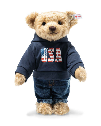 Teddy bear wearing a navy hoodie with 'USA' and an American flag design, on a white background.