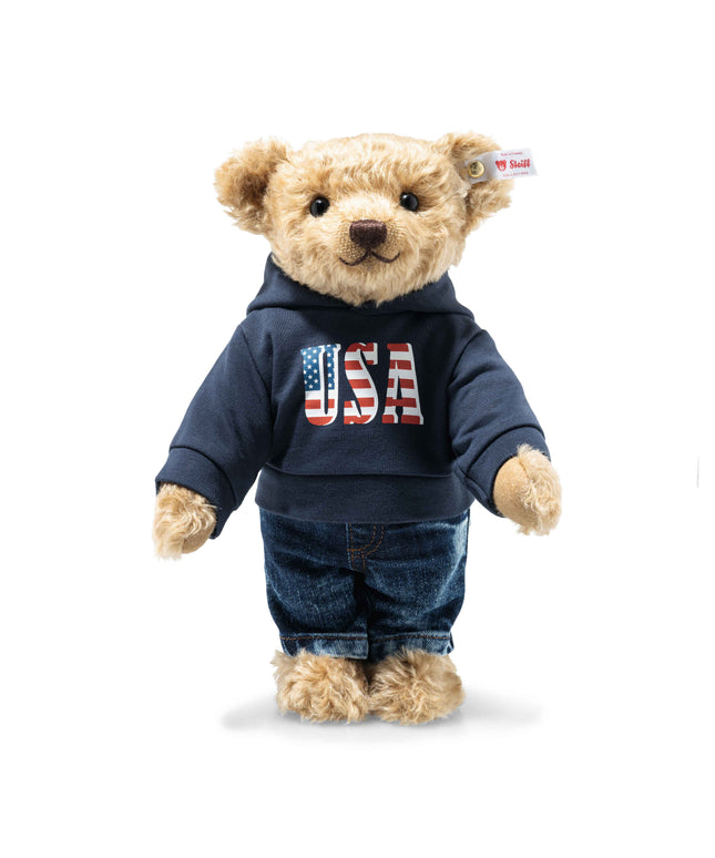 Teddy bear wearing a navy hoodie with 'USA' and an American flag design, on a white background.