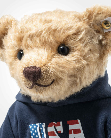 Teddy bear wearing a navy hoodie with 'USA' text and American flag design on a white background.