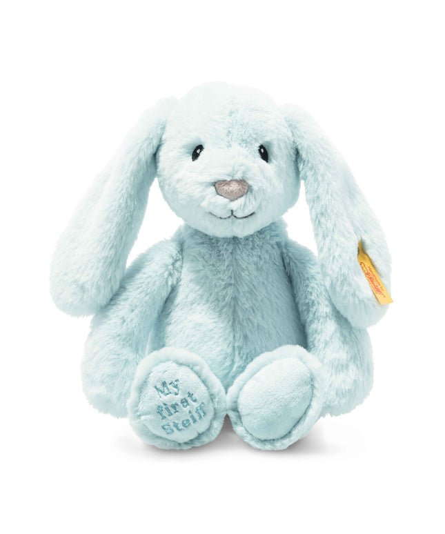 Light blue plush bunny with 'My first Steiff' text on a white background