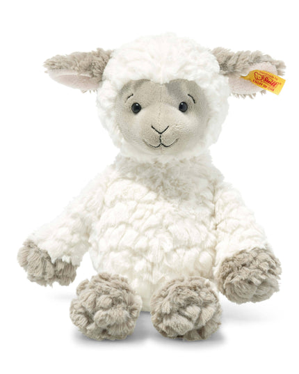 Plush toy lamb with a visible brand logo on a white background
