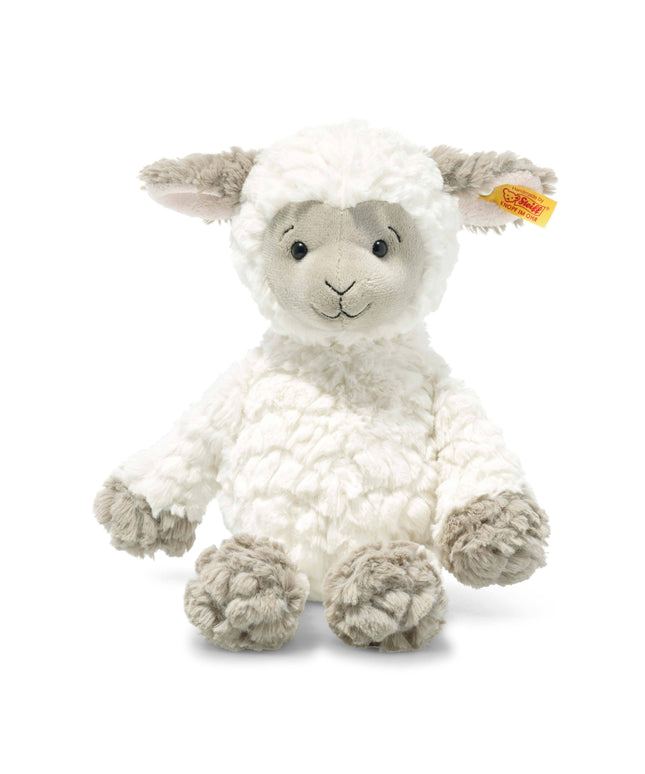 Plush toy lamb with a visible brand logo on a white background