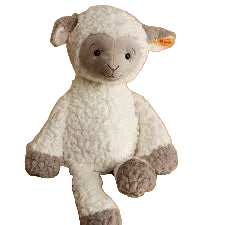 Stuffed toy sheep with a gray face on a white background
