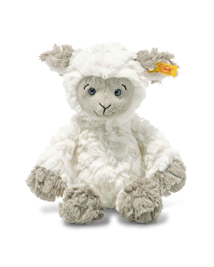 Plush toy sheep with a yellow tag on a white background