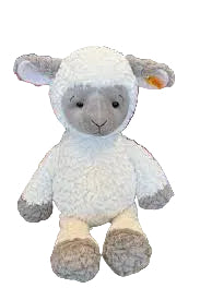 Plush toy sheep with a white face and gray body on a white background