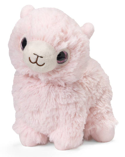 Pink plush llama with large eyes on a white background
