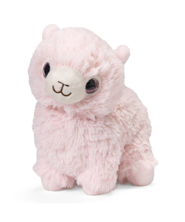 Pink plush llama with large eyes on a white background