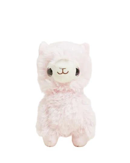 Pink plush llama with large eyes on a white background