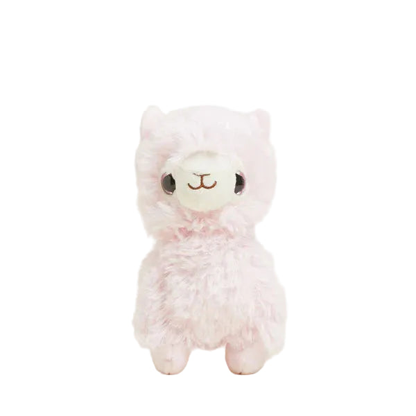 Pink plush llama with large eyes on a white background