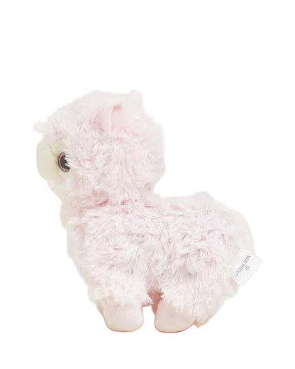 Pink plush llama with large eyes on a white background