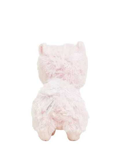 Pink plush llama with large eyes on a white background