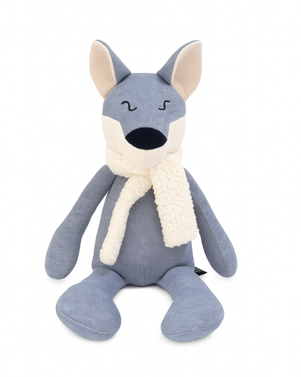 Plush toy dog with a gray coat and white scarf on a white background