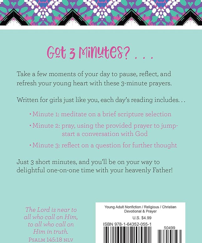 Book cover with text about 3-minute prayers for girls, colorful border at top