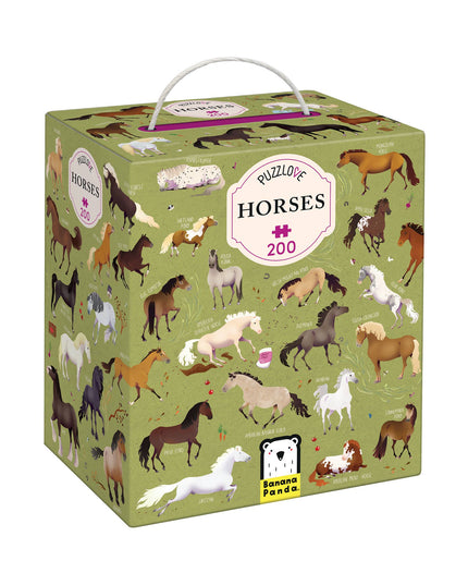 Puzzle box with horse illustrations on a green background