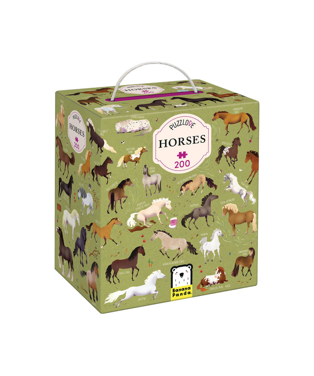 Puzzle box with horse illustrations on a green background