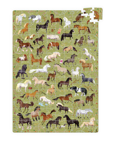 Jigsaw puzzle with horse illustrations on a green background
