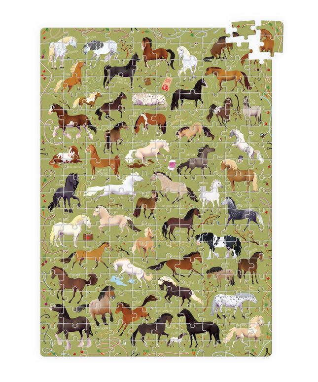 Jigsaw puzzle with horse illustrations on a green background