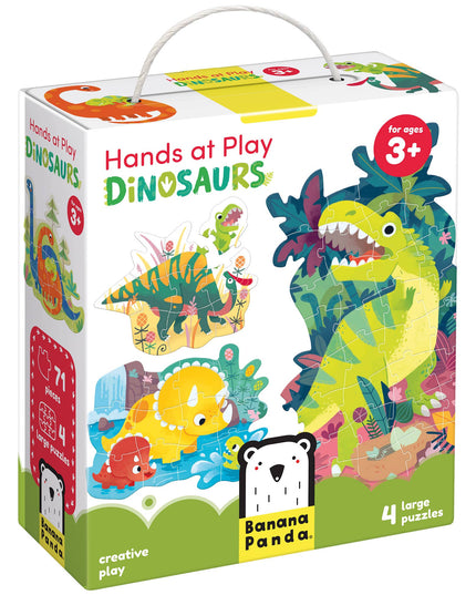 Box of 'Hands at Play Dinosaurs' puzzles by Banana Panda on a white background