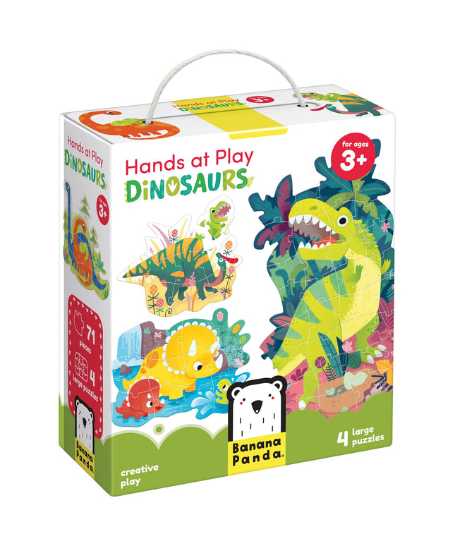 Box of 'Hands at Play Dinosaurs' puzzles by Banana Panda on a white background