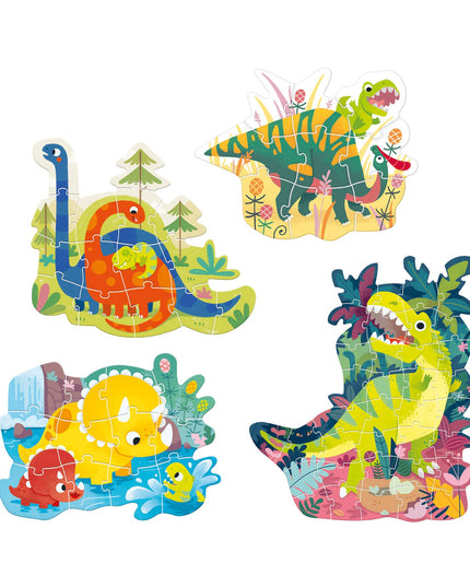 Set of colorful dinosaur-themed children's puzzles on a white background