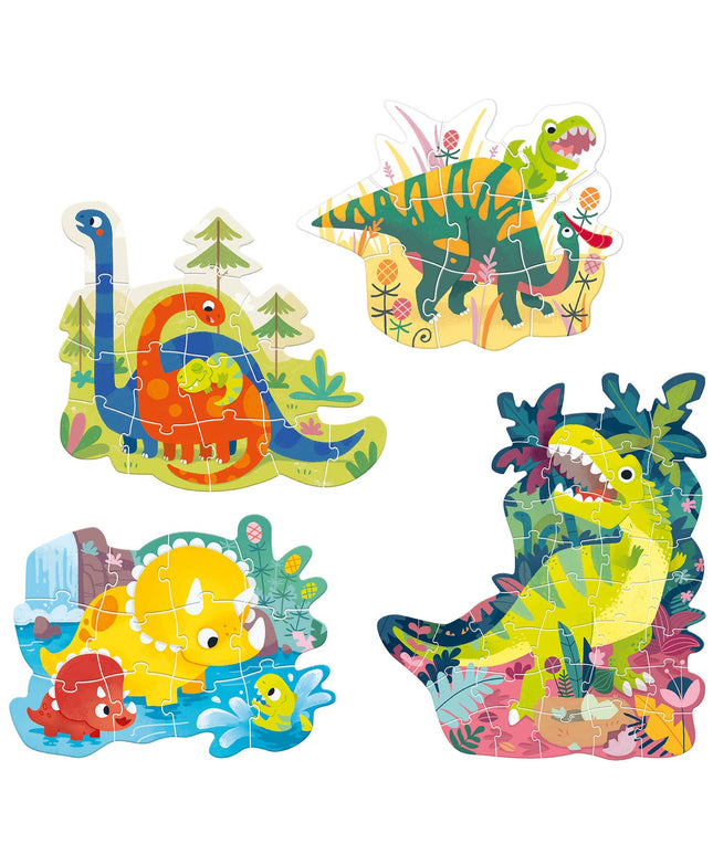 Set of colorful dinosaur-themed children's puzzles on a white background