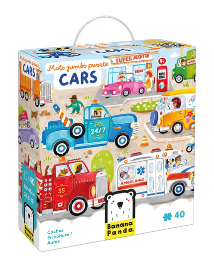 Jigsaw puzzle box with colorful car illustrations on a white background