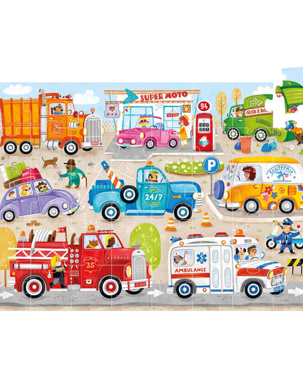 Children's puzzle with colorful toy vehicles in packaging
