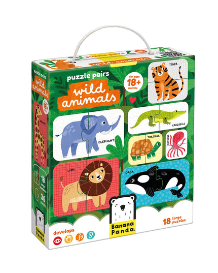 Box of 'Puzzle Pairs Wild Animals' educational toy with illustrations of animals on a white background.