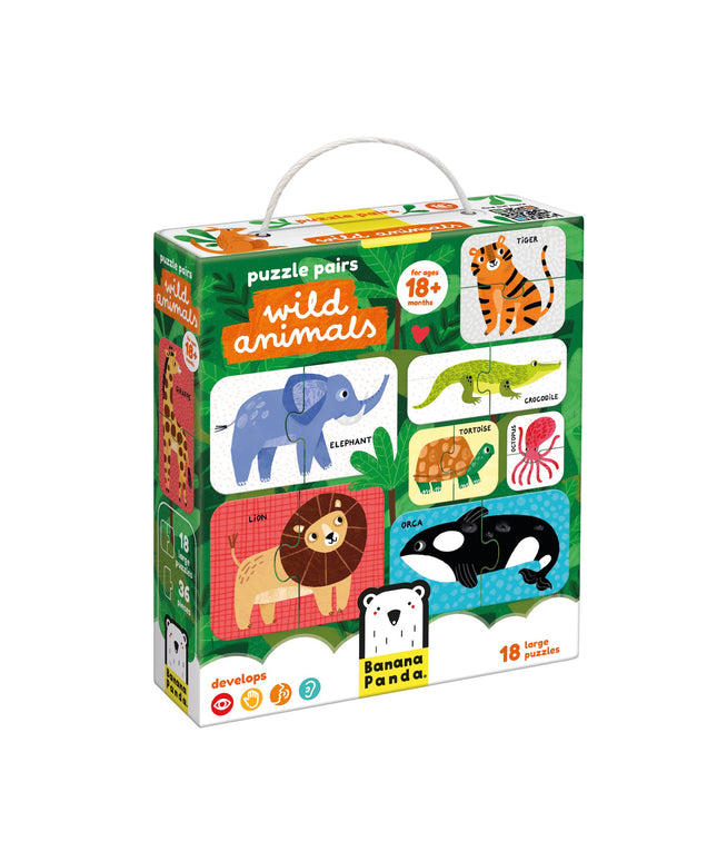 Box of 'Puzzle Pairs Wild Animals' educational toy with illustrations of animals on a white background.