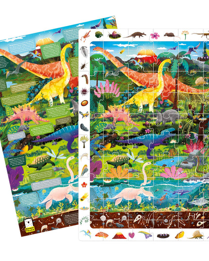 Dinosaur-themed educational puzzle with colorful illustrations on a white background