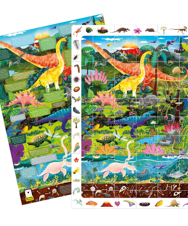 Dinosaur-themed educational puzzle with colorful illustrations on a white background