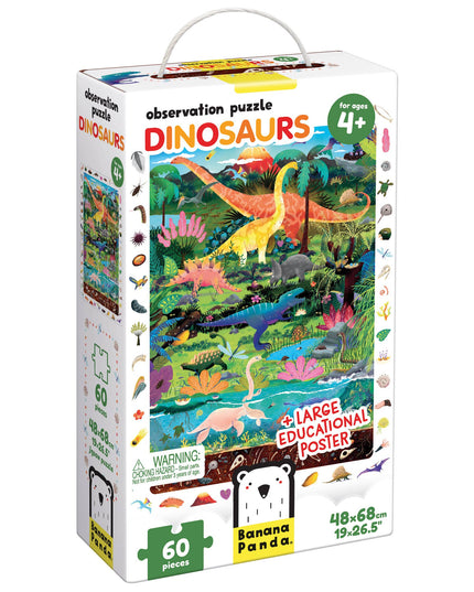 Dinosaurs observation puzzle packaging with colorful illustrations on a white background