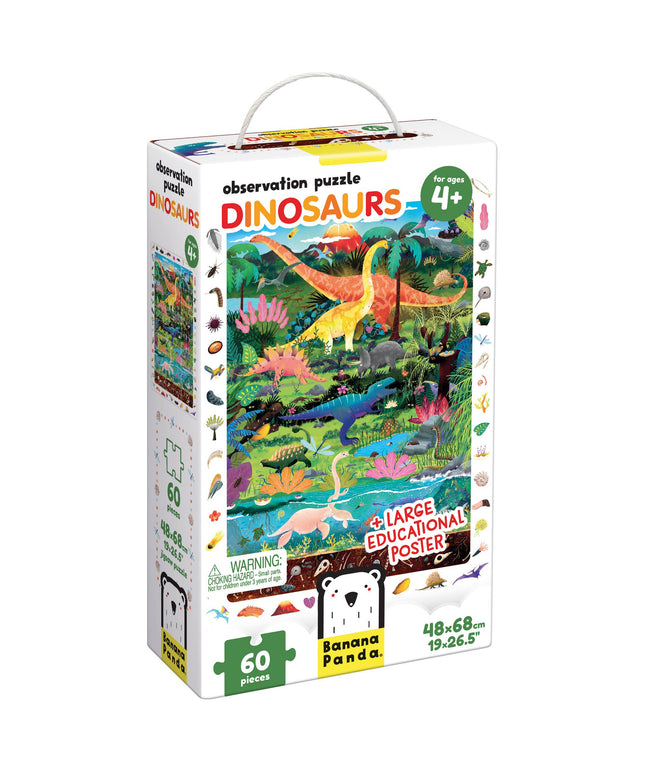 Dinosaurs observation puzzle packaging with colorful illustrations on a white background