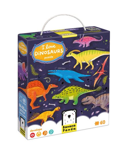 Dinosaur-themed puzzle box with colorful dinosaurs on a dark background