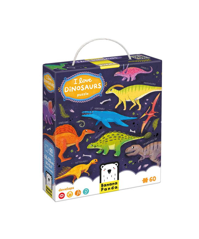Dinosaur-themed puzzle box with colorful dinosaurs on a dark background