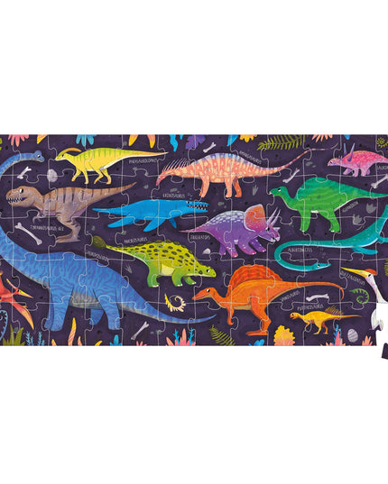 Jigsaw puzzle with colorful dinosaur design on a dark background