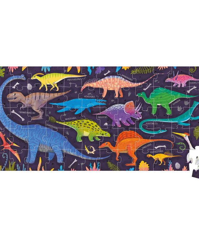 Jigsaw puzzle with colorful dinosaur design on a dark background