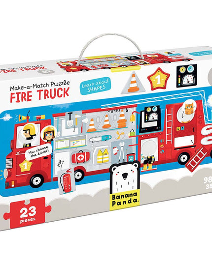 Fire truck-themed puzzle packaging with colorful graphics and text.