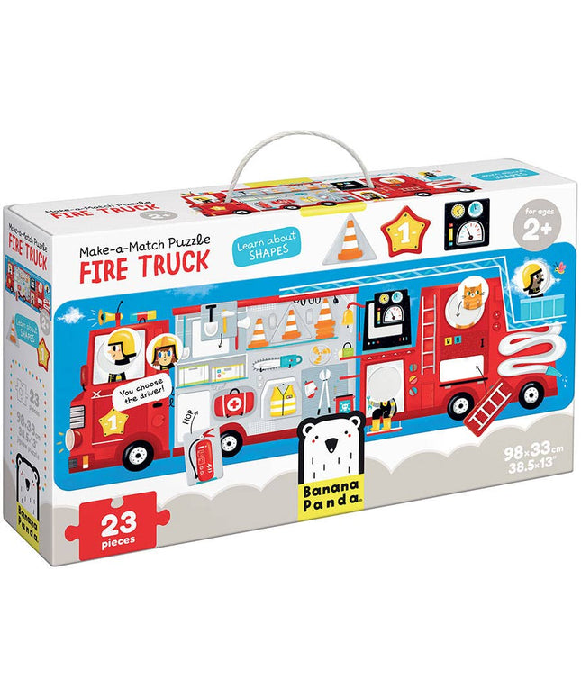 Fire truck-themed puzzle packaging with colorful graphics and text.