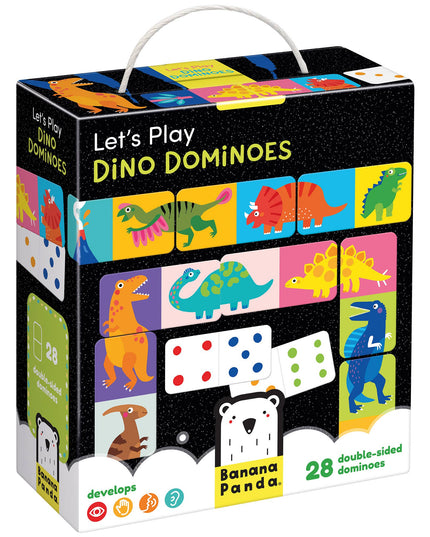 Dino Dominoes game box with colorful dinosaur illustrations on a white background