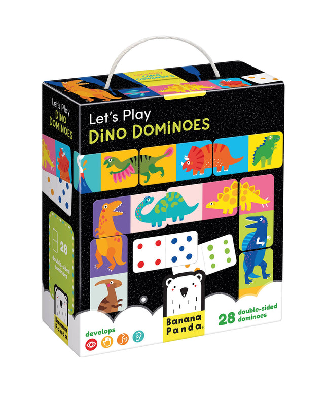 Dino Dominoes game box with colorful dinosaur illustrations on a white background