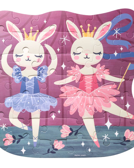 Children's puzzle with two ballerina rabbits on a pink background