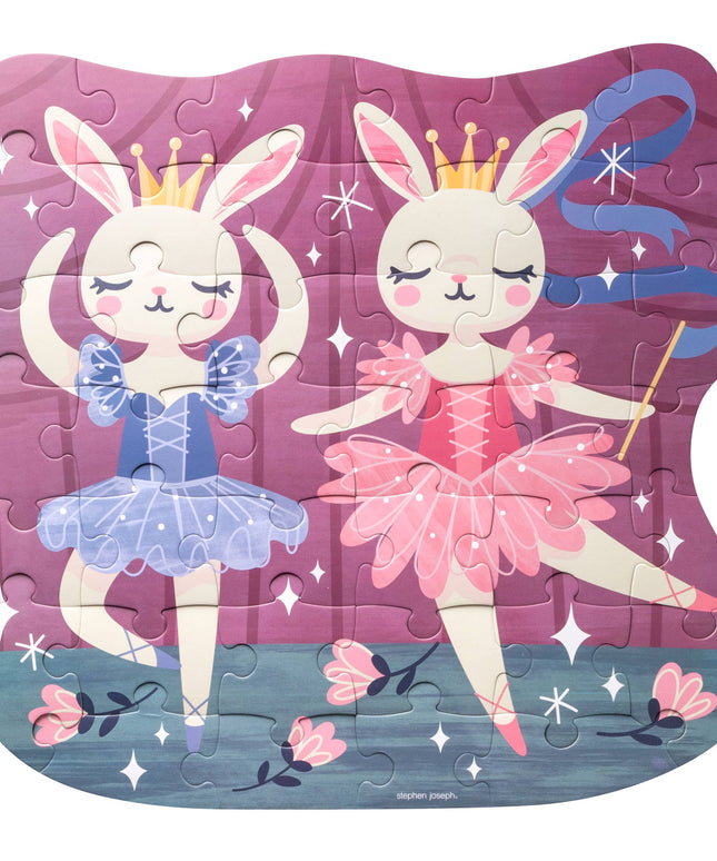 Children's puzzle with two ballerina rabbits on a pink background