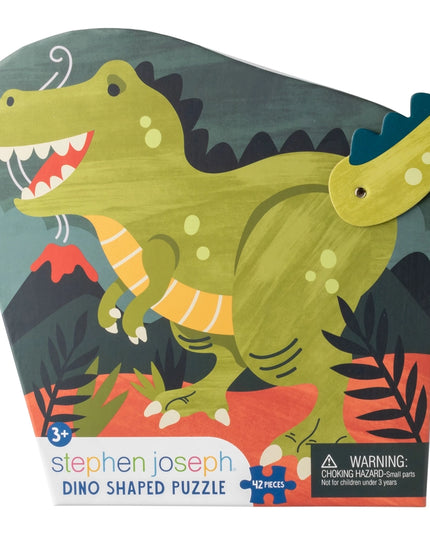 Dinosaur-shaped puzzle packaging with a green dinosaur illustration on a colorful background