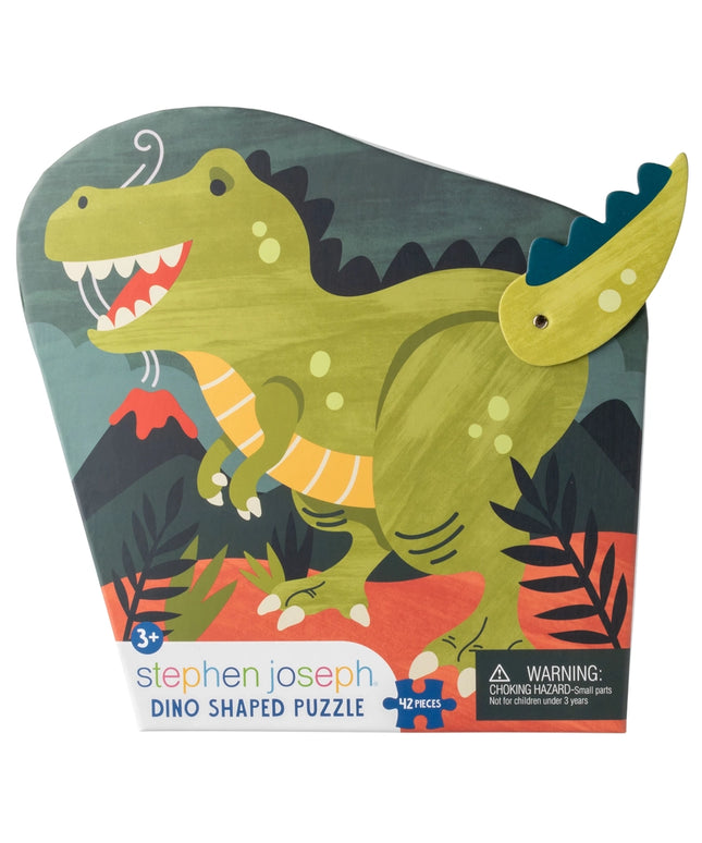 Dinosaur-shaped puzzle packaging with a green dinosaur illustration on a colorful background