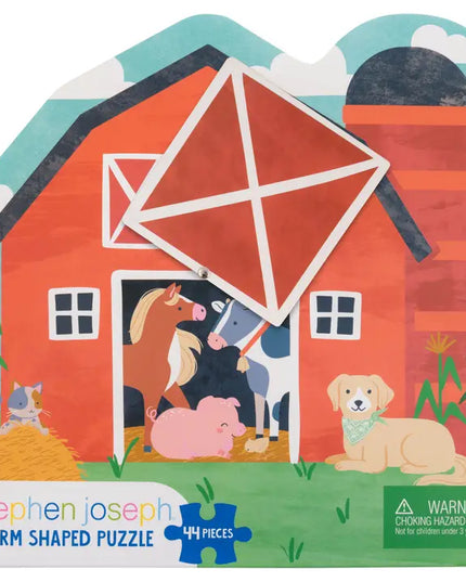 Farm-themed puzzle packaging with barn and animals on a colorful background