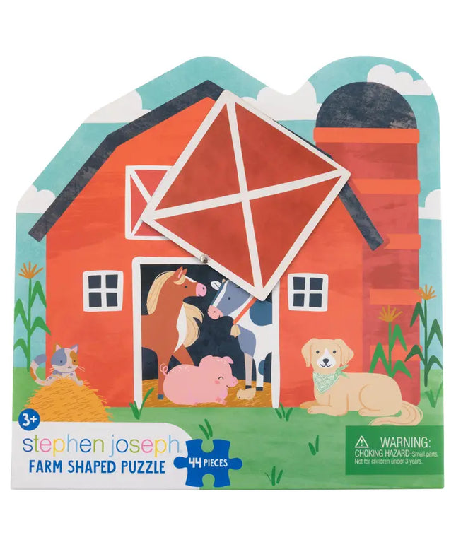 Farm-themed puzzle packaging with barn and animals on a colorful background
