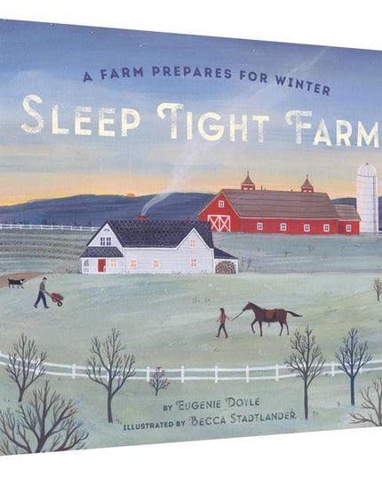 Book cover of 'Sleep Tight Farm' with a farm scene and text.
