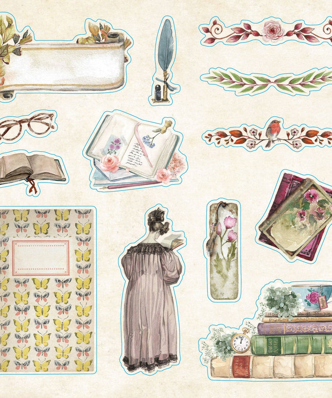 Collection of vintage-style decorative elements including books, a dress, and butterflies on a beige background.