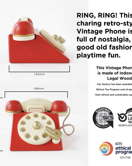 Vintage-style red phone toy with measurements and certification logos on a white background